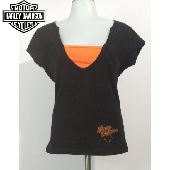 Harley-Davidson Tops - Vintage Y2k Harley Davidson Women's  Black & Orange Glitter Chandler, Az Sz M